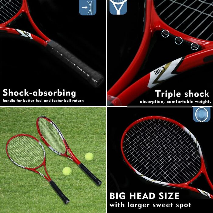 Beginner Tennis Racquet Set for 2 Players - Pre-Strung 27 Inch Adult Racquets with Balls, Overgrips & Carry Bag
