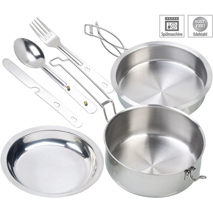 Набір посуду для кемпінгу Semptec Urban Survival Technology: 6-ти частинний набір з нержавіючої сталі з приборами