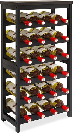 24-Bottle Wine Rack Freestanding Floor, 6-Tier Wine Display Storage Shelves with Tabletop, Bamboo Wine Bottle Holder Stand with Wave Bars for Kitchen, Dining Room, Pantry, Black