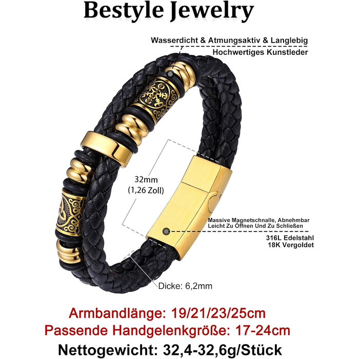 Браслет шкіряний чоловічий Bestyle: Вікінгський браслет з нержавіючої сталі з магнітною застібкою (чорний/срібний/золотий), 25 см