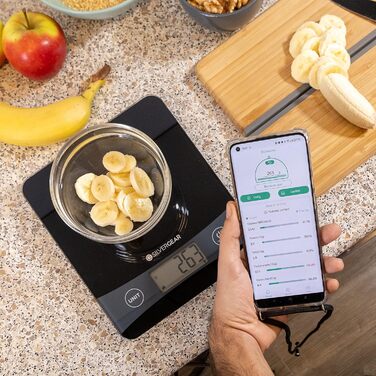 Кухонні ваги Silvergear® Digital з підключенням до App до 5 кг | Електронні кухонні ваги з функцією тарування | Цифрові ваги з підрахунком калорій | Точне вимірювання до 0,1 г | Підсвічений LCD-дисплей | Чорний