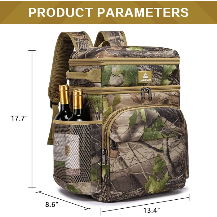 Рюкзак-холодильник Laripwit 54 літри з термоізоляцією для пікніків, подорожей та кемпінгу (33л, камуфляж)