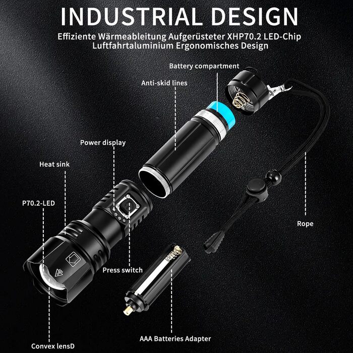 LED ліхтарик на акумуляторі, надзвичайно яскравий 1200000 люмен, з функцією зуму, тактичний, з 5 режимами, водонепроникний IP67, для кемпінгу, риболовлі, туризму, активного відпочинку та надзвичайних ситуацій (P70-kit)
