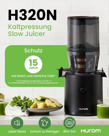 Соковижималка Hurom H320N для овочів і фруктів, електрична холодного віджиму, тиха, легка у чищенні, з великим контейнером 2 л, 200 Вт, BPA Free, чорна
