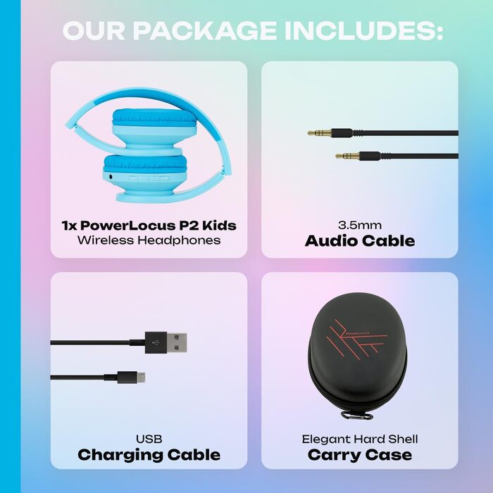 Дитячі навушники PowerLocus Bluetooth з обмежувачем гучності 85dB, складні, з чохлом, Over-Ear, бездротові та з проводами, з мікрофоном, Micro-SD, для телефону, ПК, планшета, блакитні