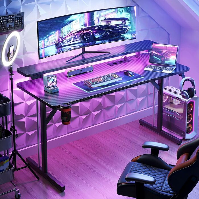 LED Gaming Desk with Power Outlets - 80cm/120cm Carbon Fiber PC Gaming Table