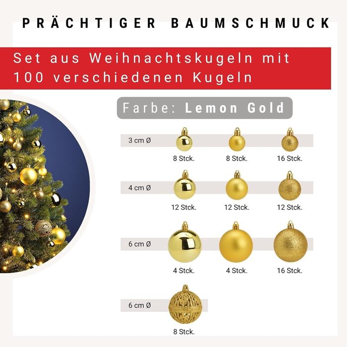 Набір прикрас для ялинки WOMA - 50 кульок, 22 кольори, пластик, ялинкові прикраси, декор, 100 шт. (Lemon Gold)