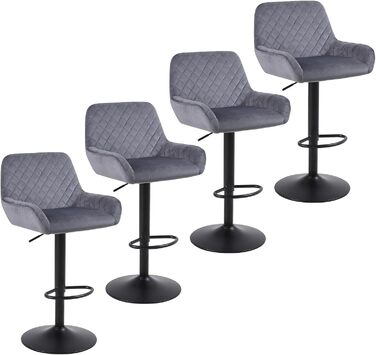 Ralex Velvet Bar Stools 2-Pack - Adjustable Swivel Bar Chairs with Backrest & Armrests for Kitchen, Bar & Counter (Gray)