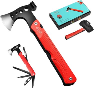 Camping Gear Multitool Axe Gifts: Multifunction Tool Axe Gifts for Men Dad Him, 14-in-1 Axe Hammer Knife Saw Bottle Opener Fire Starter Whistle for Camping Survival Hiking