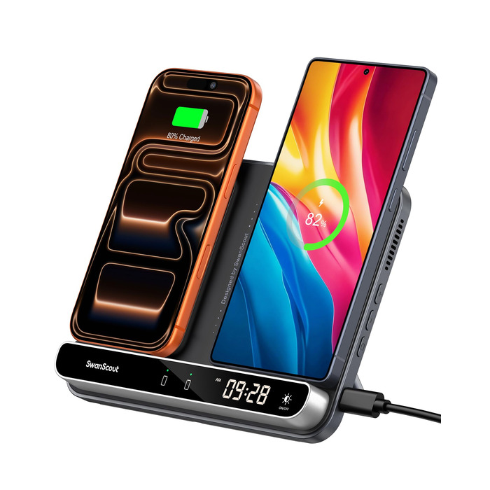 Двопортова індукційна зарядка SwanScout 504 для 2 телефонів та AirPods/Galaxy Buds (30W)
