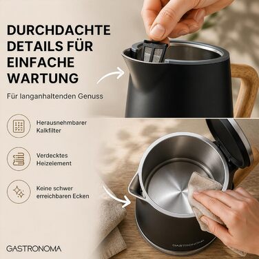 Електричний чайник Gastronoma з нержавіючої сталі 1,7 л, 2200 Вт, з фільтром від накипу, чорний з імітацією дерева та базою 360°