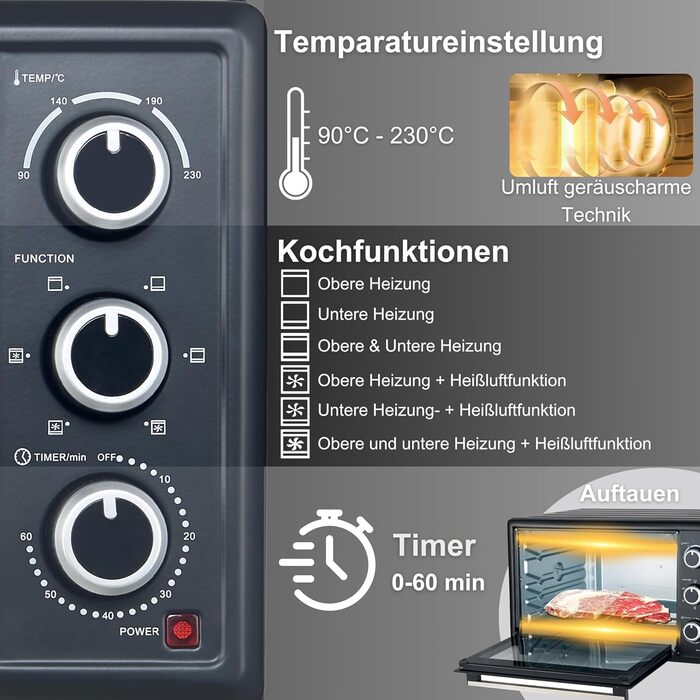 Міні-піч OptimumX 20L з конвекцією, таймером 60 хв, для піци, 1380 Вт, чорний