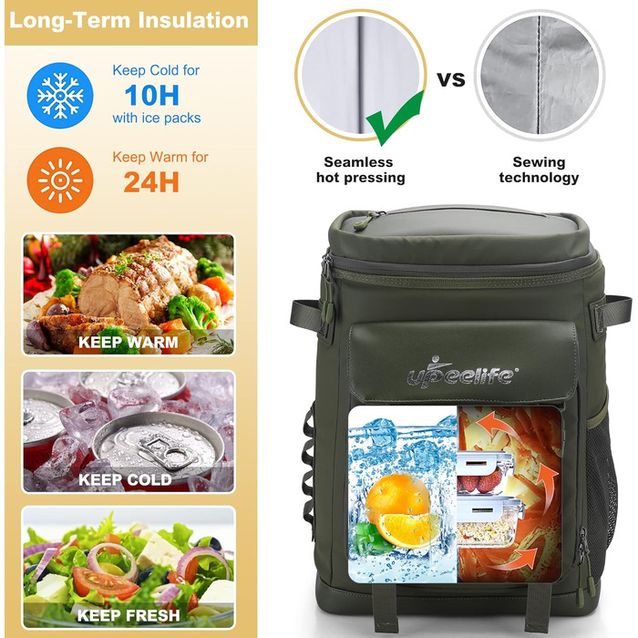 Рюкзак-холодильник Upeelife 30L з килимком для пікніка, водонепроникний, для кемпінгу та пікніків, зелений