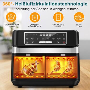 Фритюрниця повітряна з 2 камерами та вікном, 10л XXL, 8-в-1, сенсорний дисплей, таймер, без олії, здорове приготування