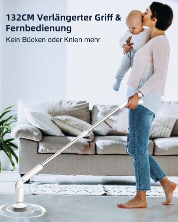 Leebein Electric Cleaning Brush, 2024 New Spin Scrubber with 8 Interchangeable Brush Heads, Remote Control, Adjustable Long Handle 38-132CM & 2 Speeds and for Bathroom/Kitchen