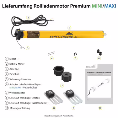 Schellenberg 20615 Роликовий електродвигун MAXI 15 Нм, механічне налаштування кінцевих положень, трубний мотор для валу 60 мм, до 6,2 м² площі рольставні, комплект із настінним підшипником (20 Нм / макс. 8,5 м², преміум якість)