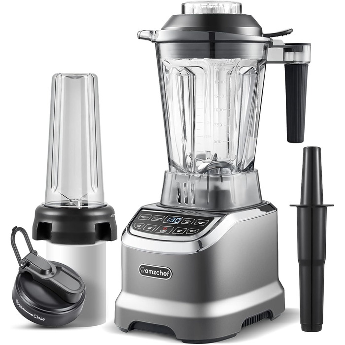 AMZCHEF 2-in-1 Mixer High-Performance Blender with 1850ml and 600ml Containers for Two Mixing Modes | Stand Mixer 2000 Watt with Tamper and 6 Professional Blades 22000 RPM - Matte Gray 2000W Matte Gray