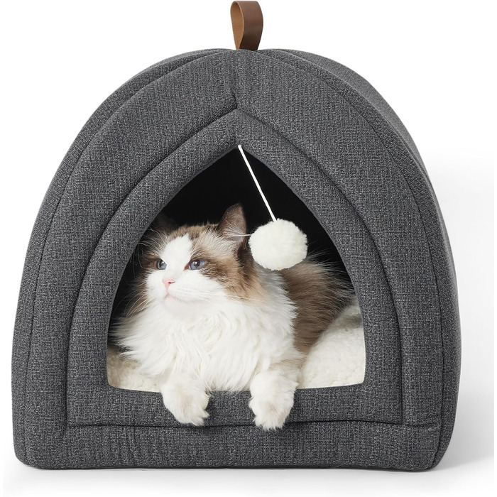 Ліжко для котів BEDSURE - велика печера для котів, 44x44x44 см. Знімний лежак з Sherpa та іграшками. Легко миється. (40x40x40 см, темно-сірий)