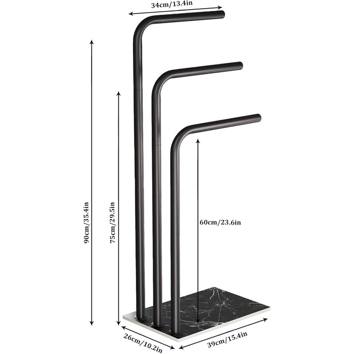 Підставка для рушників Yawinhe, чорна, з 3 стійками, з нержавіючої сталі, 39x26x90 см