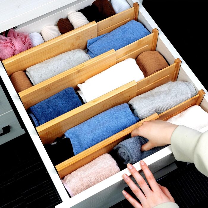 Utoplike Bamboo Adjustable Drawer Divider (4-pack), Large Drawer Organizers with Spring-Loaded for Clothing, Cutlery, Utensils in Kitchen, Bathroom, Bedroom, Baby Drawer, (Natural Color, Small (10H cm))