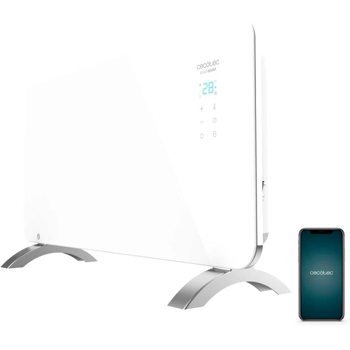 Конвектор Cecotec Ready Warm 6670 Crystal Connection з скляною панеллю, 1000 Вт, WiFi, термостат, таймер, підставка, для ванної кімнати (IP24), тихий, білий