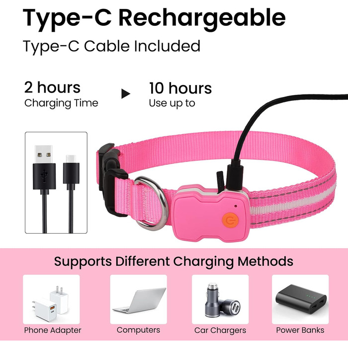 Світлодіодна нашийник для собак ASBRILL, зарядний, 7 кольорів RGB, 8 світлодіодів, регульований, водонепроникний, для маленьких, середніх та великих собак, (L, рожевий)