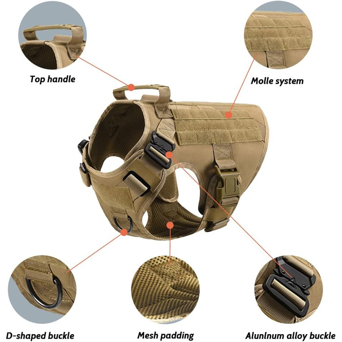 FeimaX Tactical Dog Harness with Handle Military Net Working Tactical Dog Vest Chest Harness for Large Dogs No Pull Adjustable Vest for Walks Training (Brown, S) Brown S
