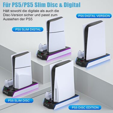 Підставка для PS5 Slim/Pro з зарядною станцією для контролера PlayStation 5 (Disc/Digital), аксесуари PS5 з RGB підсвіткою, вентилятор, тримач для навушників, USB хаб, чорно-білий, Q511