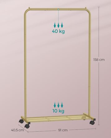 SONGMICS Clothes Rack, Rolling Garment Rack, Metal Clothes Stand, Rolling Wardrobe 91 cm wide, with Shelf, 2 Wheels with Brake, Rod Loadable up to 40 kg, Gold HSR025A01
