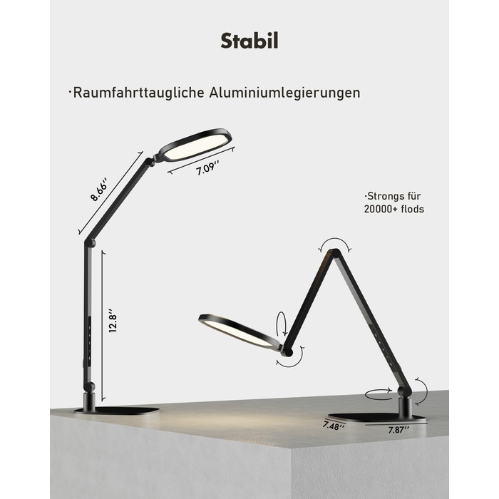 Стійка лампа LED з регулюванням яскравості, захист зору, денне світло, торшер для столу з 3 режимами кольору та сенсорним керуванням/функцією пам'яті, 15W, поворотна, чорна