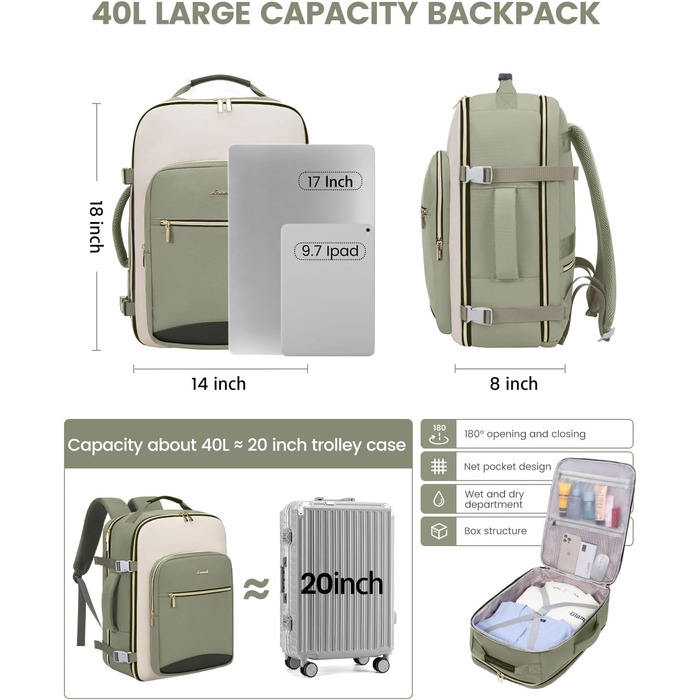 Рюкзак LOVEVOOK для ручної поклажі літака, 40L, водонепроникний, з відділенням для ноутбука 17 дюймів, для подорожей, школи, роботи, кемпінгу (зелений + бежевий + чорна шкіра)