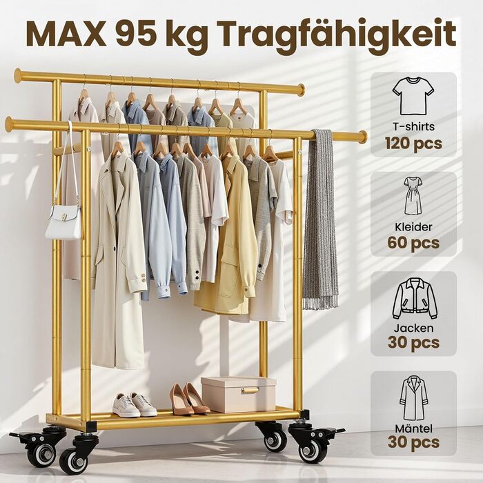Стійка для одягу Sour Lemon на коліщатках, 95 кг, з подвійними перекладинами та полицею, золото (113x41x162 см)