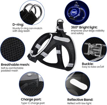 Світлодіодне обіднє намисто для собак PcEoTllar з LED підсвічуванням, перезаряджуване, світловідбиваюче, для дрібних та середніх собак, дихаюче, рожеве (3 режими) (S, чорний (9 режимів))