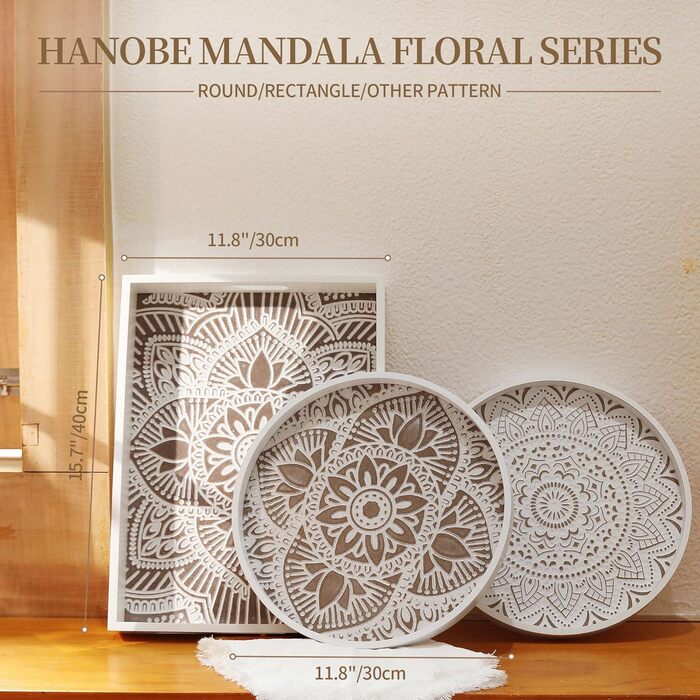 Hanobe Rectangular Wooden Tray Decor Serving Tray: Boho Decor Tray Flowers Wood Tray with Handle White Small Candle Trays Farmhouse Candle Tray for Coffee Table Tealight Kitchen Table