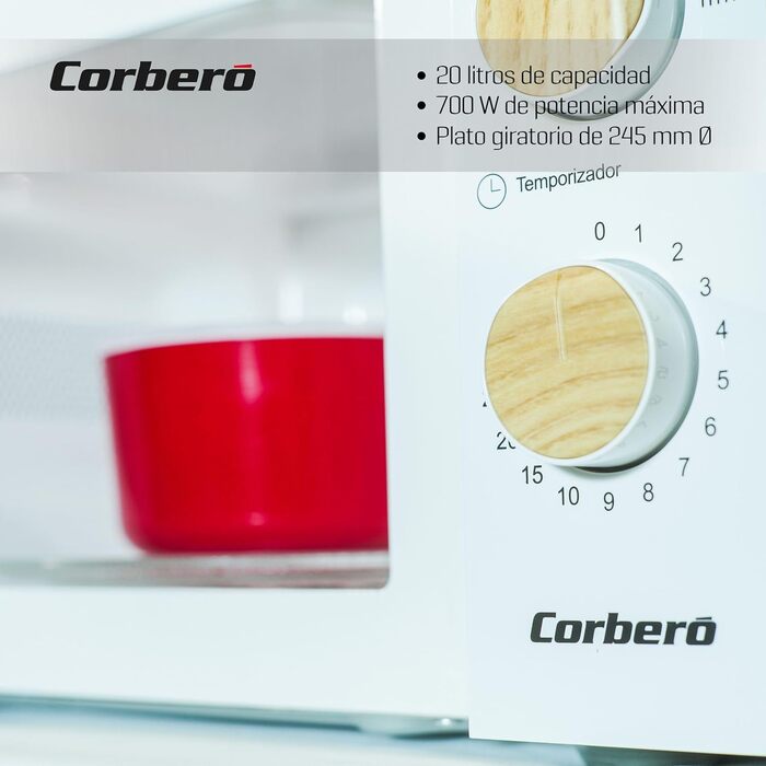 Мікрохвильова піч Corberó CMICG270WOODN, 20 л, 700 Вт, з функцією розморожування та підігріву, білий колір