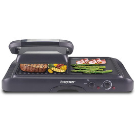 BEPER Electric Grill with Glass Lid - Non-Stick Coated Plate, Stainless Steel, 1600W