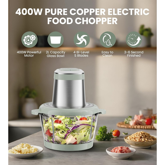 Електричний подрібнювач для кухні ESoundvol 400W з чашею 2л та 4 лезами з нержавіючої сталі для м'яса, овочів, горіхів, дитячого харчування