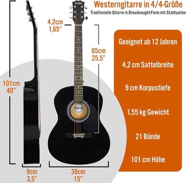 3rd Avenue акустична гітара 4/4 (Western) з металевими струнами, для початківців - 6 місяців безкоштовних уроків, чохол, медіатори та запасні струни – чорного кольору