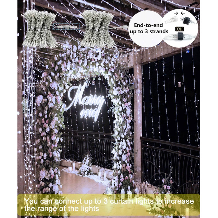 Ламповий завіс 6м x 3м, 600 LED, з вилкою, таймером, 8 режимів, вологостійкий, для вікна, павільйону, саду, різдвяне деко, тепле/холодне світло
