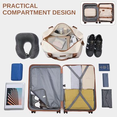 Набір валіз KONO 4 в 1: велика валіза, ручна поклажа 55 см, косметичка та сумка для подорожей (кремово-білий)