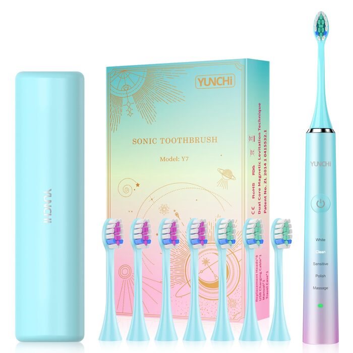 Електрична зубна щітка YUNCHI C2 з 40000 VPM, звукова щітка для дорослих, зарядка USB-C, 55 днів роботи від акумулятора, 5 режимів чищення, таймер 2 хвилини, 8 насадок, дорожній футляр, чорний (Ycyc-y7 Blue)