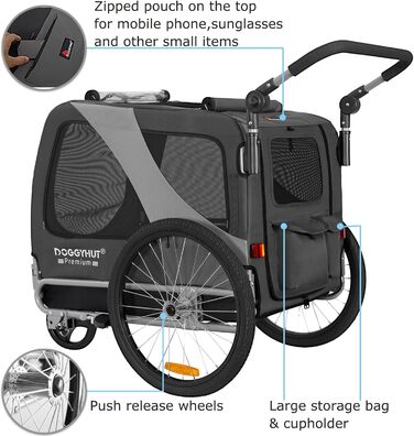 DOGGYHUT® Преміум великий 2 в 1 велосипедний причіп для собак та візок-бігунка. Великий об'єм 270 літрів для середніх та великих собак до 35 кг (сірий / чорний)