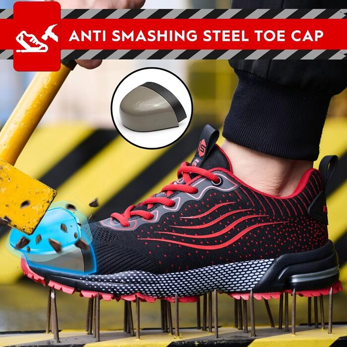 Зручні робочі черевики ISOOUS для чоловіків та жінок. Легкі, дихаючі, з металевим носком, неслизькі, зелені (47 EU, Rote)