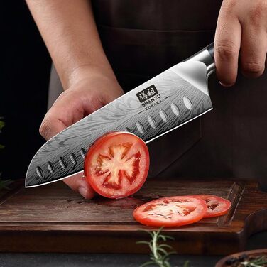 Японський ніж SHAN ZU Santoku 18 см з пудрованої сталі для професійної кухні, з ергономічною ручкою з паккавуда