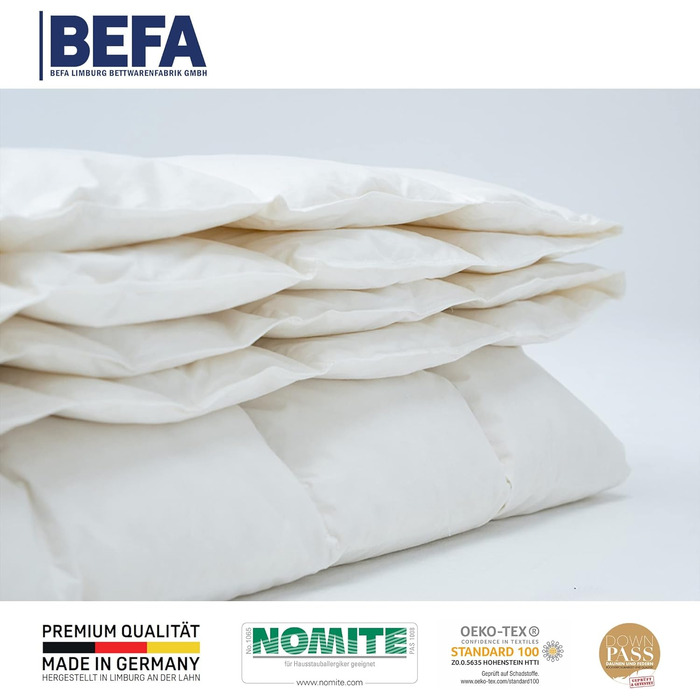 BEFA NATUR Made in Germany Down Comforter 155x220 cm made of 90% goose down and 10% feathers, summer duvet, suitable for allergy sufferers, Öko-Tex 100 Class 1 certified, Downpass (2 pieces) 155 x 220 cm (2 pieces) summer duvet