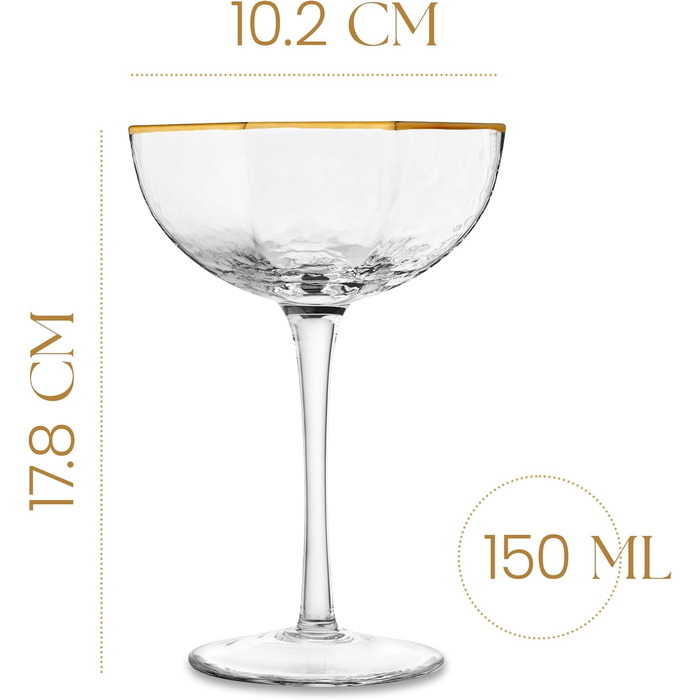 Набір з 4 склянок GLASSIQUE CADEAU Prestige для Еспресо Мартіні, дайкірі, коктейлів та шампанського. 150 мл, з золотим обідком, грановані, з довгим ніжкою.