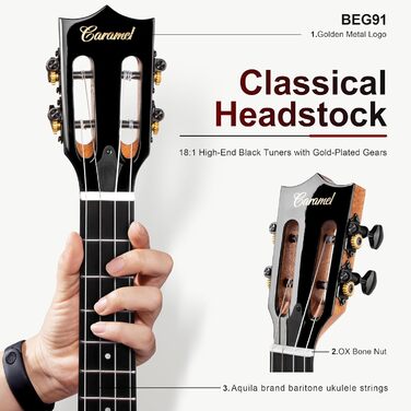 Гуталеле Caramel GEG95 з бокоте, глянцеве покриття | Акустична та електрогітара з аксесуарами для подорожей | 30' Baritone, чорне ебоні | Професійний набір, ручної роботи