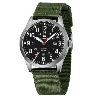 Годинники чоловічі LN LENQIN аналогові кварцові на нейлоновому ремінці, водостійкі 30M, з датою (зелені, срібні, чорні)