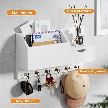 Настінна органайзер для ключів з 6 гачками та шухлядою, дерев'яний, для дому, офісу (білий)