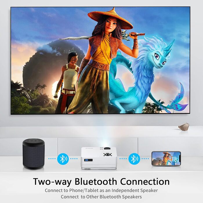 Проектор Nativer 1080P з Wi-Fi та Bluetooth, Full HD для кінотеатру на відкритому повітрі, 300-дюймовий дисплей, 4K, сумісний з iOS/Android/PC/XBox/PS4/TV-Stick/HDMI/USB, білий